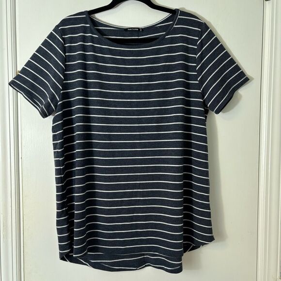 Pink Clover XL back button detail dark blue & white stripe hi lo tee - Picture 1 of 9